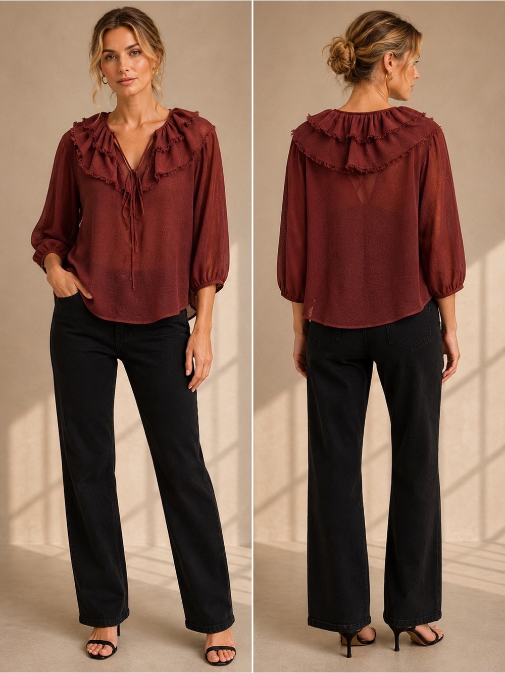 Zara Burgundy Ruffled Tie Front 3/4 Sleeve Blouse M NWOT - Picture 1 of 6